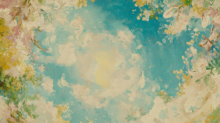 Painted ceiling, floral design, sky scene, ornate building, interior design