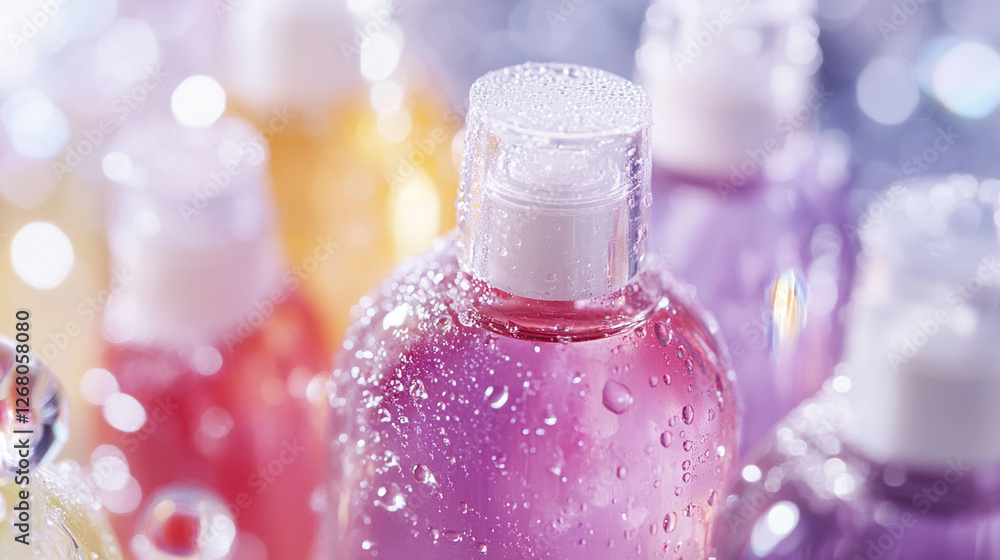 Poster colorful bottles of liquid with droplets in a blurred background showing textures and patterns
