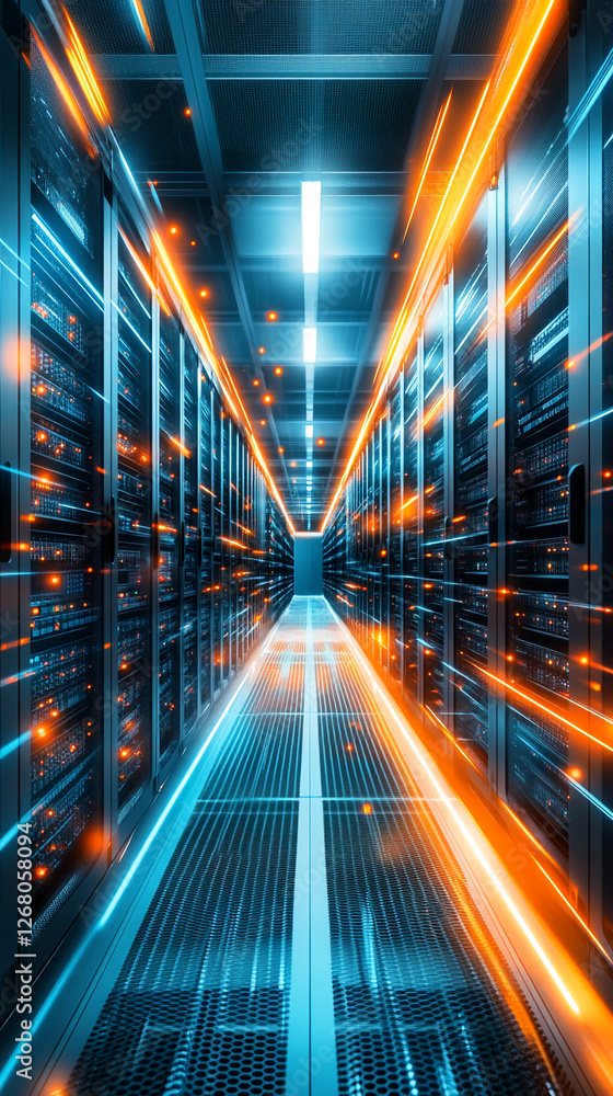 Poster Futuristic data center with rows of server racks, streaks of orange and blue light representing high-speed data transfer, symbolizing fast technology and digital communication.