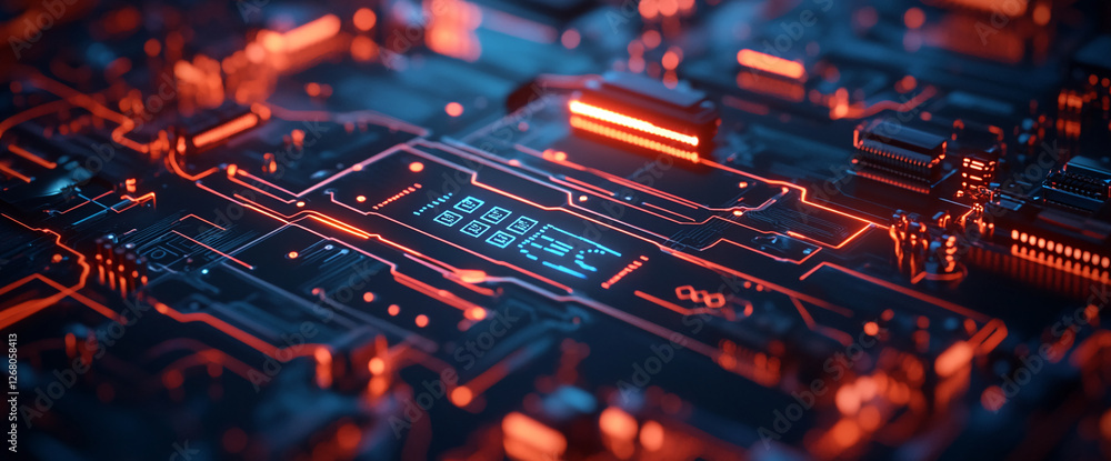 Poster Close-up of a glowing futuristic circuit board with orange and blue lines, representing digital technology, data processing, and advanced electronics in a high-tech environment.