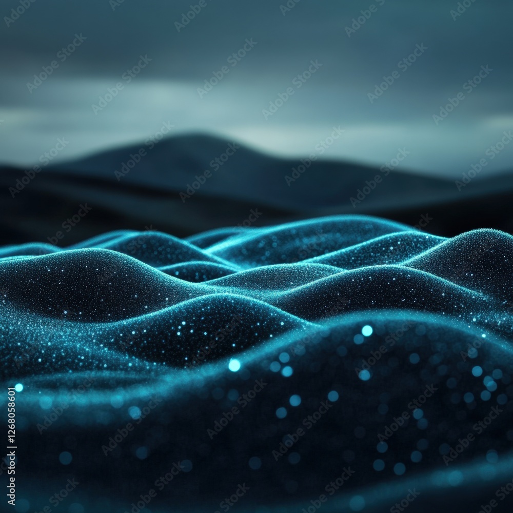 Poster abstract blue waves with sparkling particles.