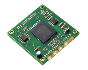 Green circuit board microchip with intricate pathways and soldered components.