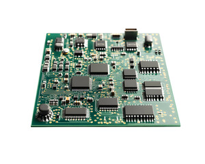 Green circuit board microchip with intricate pathways and soldered components.