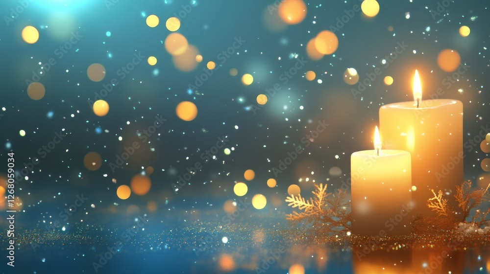 Poster soft candlelight glows amid gentle snowfall and shimmering bokeh lights. generative ai