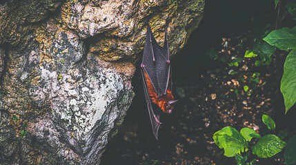 Obraz premium Cave-dwelling bat hanging from rock, lush jungle background, wildlife photography