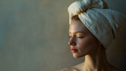 Fototapeta premium Elegant Woman with Towel Wrap and Natural Glow in Soft Light