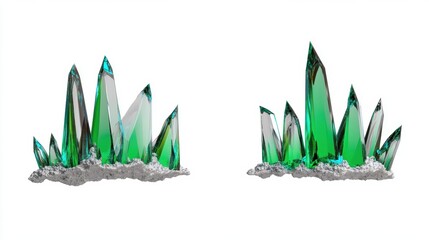 Two clusters of green crystals on a rocky base against a white background.