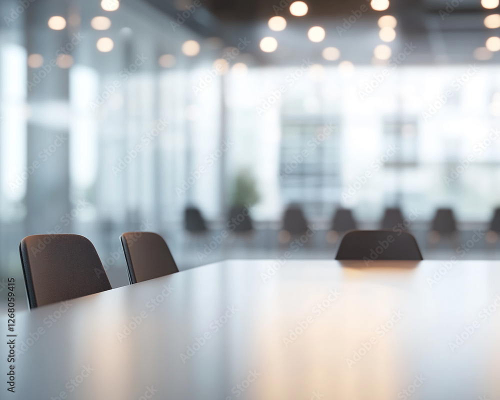 Aufkleber A modern office conference table with empty chairs in a bright, blurred workspace setting, showcasing a professional environment and symbolizing collaboration and decision-making.