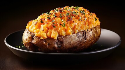 A delicious baked potato loaded with creamy, cheesy filling, topped with fresh herbs. Comfort food at its finest!
