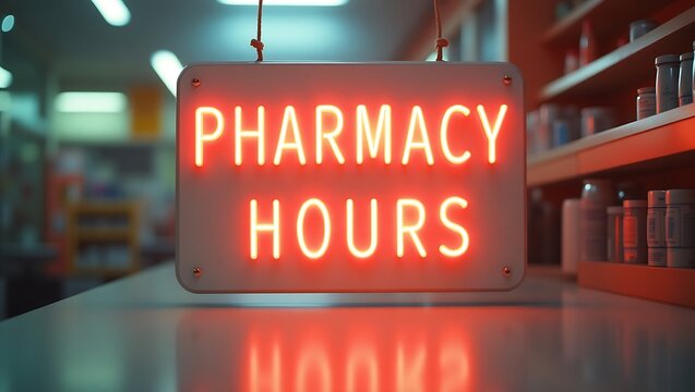 Pharmacy hours sign illuminated in a modern retail setting during evening hours