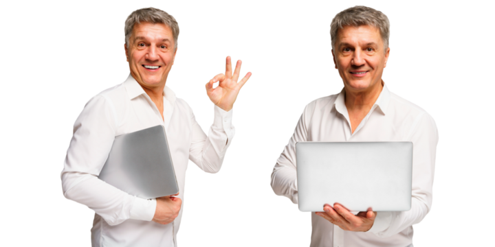 Happy man showing gestures while holding a laptop in a modern, cheerful setting during the day