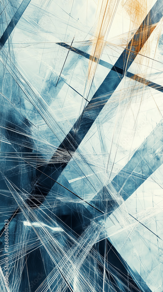 Poster Abstract dynamic lines and geometric shapes in blue and orange tones, representing a modern digital design or artistic concept, symbolizing complexity and innovation.