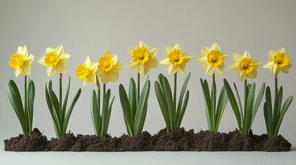 Yellow daffodils in various stages, from a single bloom to a full cluster, showcasing vibrant spring flowers in soil and full bloom.