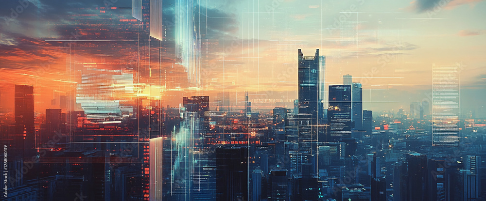 Poster Futuristic cityscape with digital overlays, showcasing the connection between urban environments and advanced technology, symbolizing the concept of smart cities and digital transformation.
