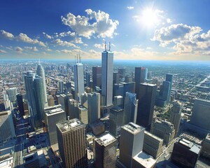 Fototapeta premium Sunny Cityscape Aerial View of Downtown