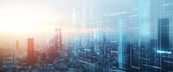 Urban cityscape with futuristic digital data overlay, showcasing a smart city concept with glowing data streams representing digital transformation and technological advancements in urban life.
