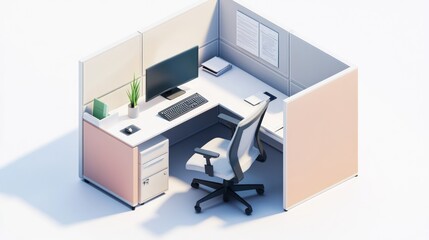 Fototapeta premium Isometric Office Cubicle, Modern Workspace, Minimalist Design, 3D Render, Productivity, Quiet Zone, Perfect for Remote Workers, Virtual Meetings, Work From Home