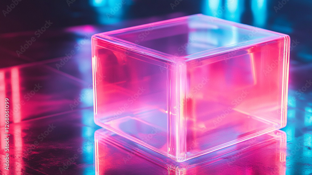 Poster vibrant translucent cube illuminated by colorful lights in an artistic display