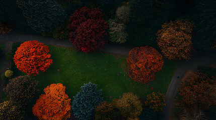 Aerial view of autumn park, vibrant foliage, winding paths, people walking, nature background, ideal for travel brochures