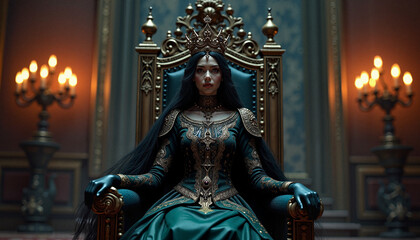 Regal queen with mysterious expression sitting on throne in luxurious palace