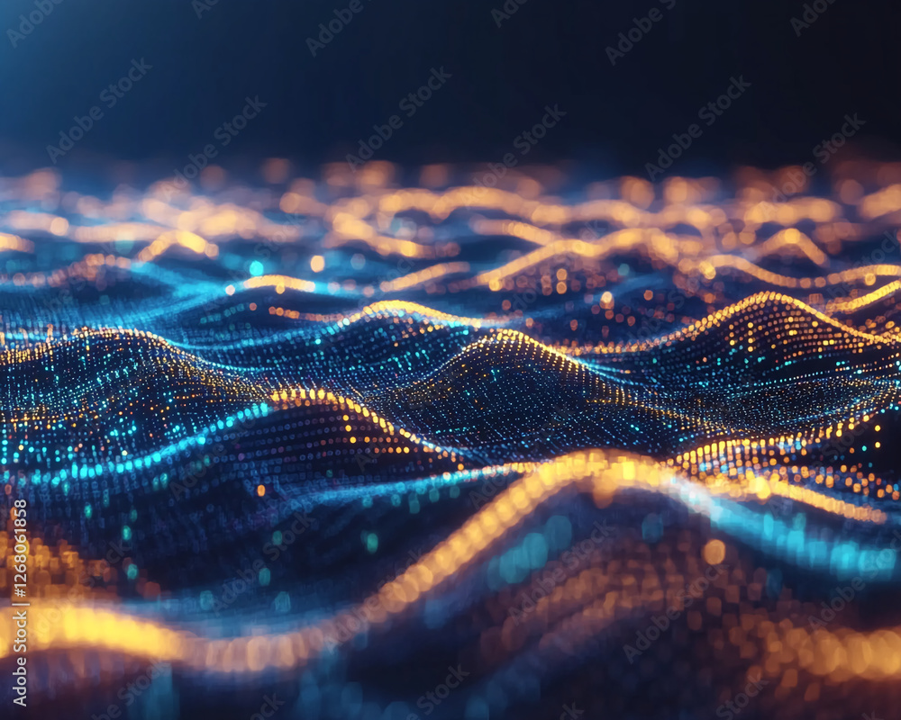 Poster Close-up of a digital wave made of glowing particles, showcasing neon light patterns representing data flow, technology, and the abstract concept of virtual networks or data transfer.