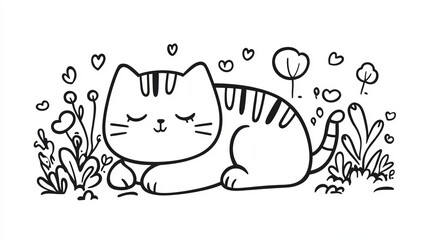 Fototapeta premium Adorable Sleeping Striped Cat in Flower Garden Cute Kawaii Style Pet Animal Illustration Black and White Line Art Drawing Design for Kids Coloring 