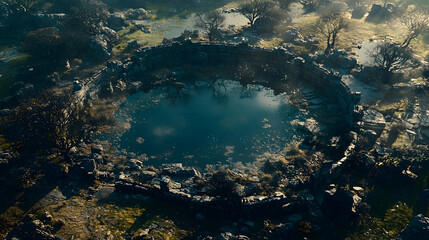 Obraz premium Aerial view of ancient stone well reflecting sunrise, rural landscape, misty morning