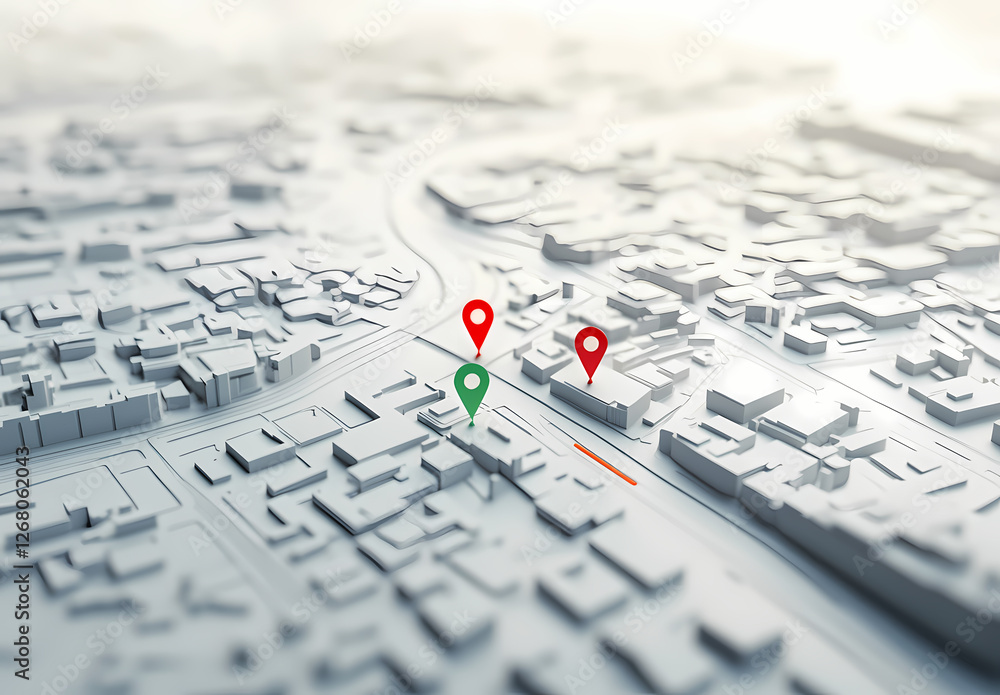 Poster urban navigation: a detailed 3d model of a city map with strategically placed location pins, highlig
