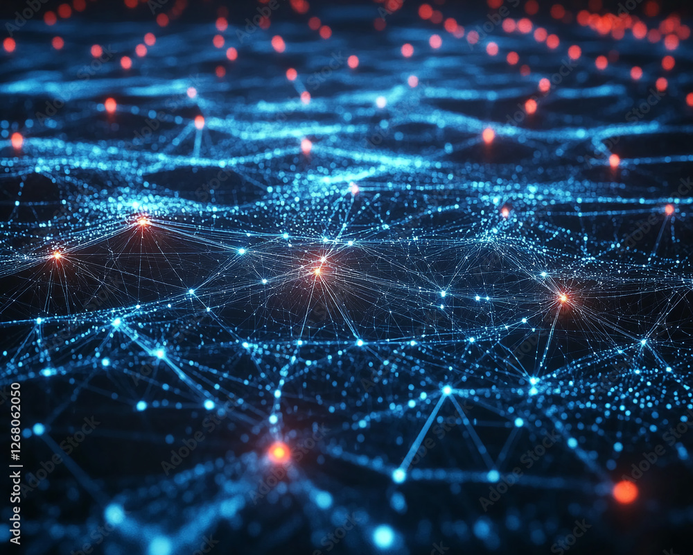 Poster Abstract digital network of glowing lines and nodes with blue and red lights, representing data flow, technology, and interconnected systems in a futuristic environment.