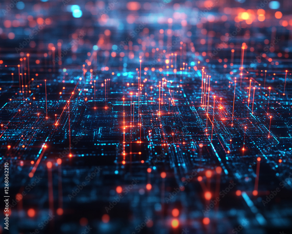 Poster Abstract digital network of glowing lines and points in blue and red, representing data flow and technology, showcasing a connected virtual system and cyber infrastructure.
