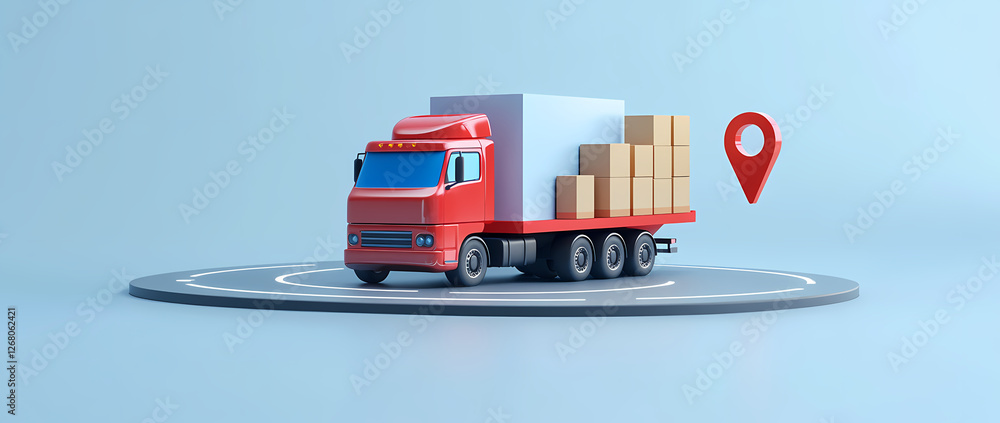 Poster delivery tracking: a red delivery truck carrying boxes is shown on a circular platform with a locati