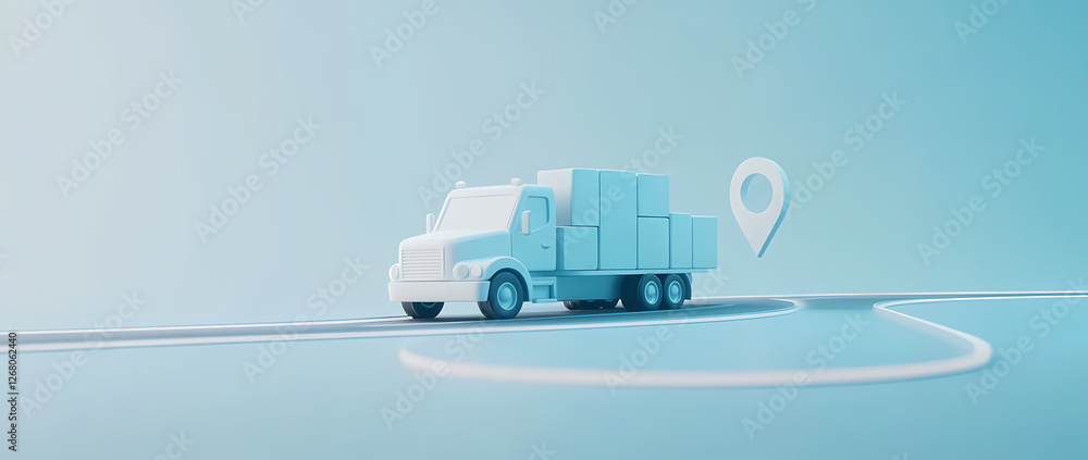 Poster delivery route: a minimalist 3d rendering of a delivery truck following a route indicated by a locat