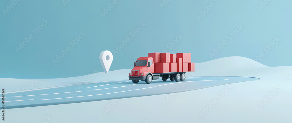 Poster delivery in progress: a red truck carrying a load of boxes travels along a stylized road, guided by 