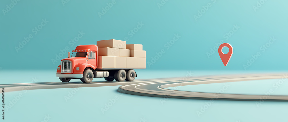 Poster delivery on the way: a red toy truck loaded with cardboard boxes follows a curved road towards a loc