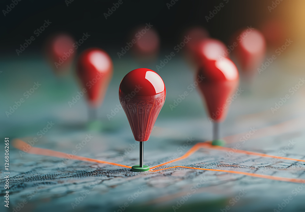 Poster red pins on map: navigation concept featuring several red pins marking locations on a detailed map, 