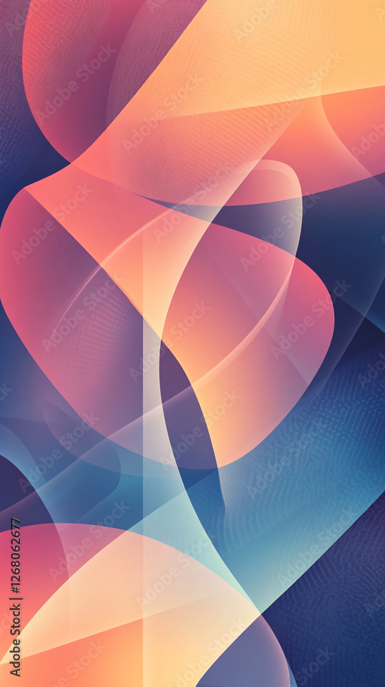 Poster Abstract digital illustration of colorful flowing curves and light patterns, showcasing vibrant waves and fluid motion in a soft pastel color palette, representing creativity and design.