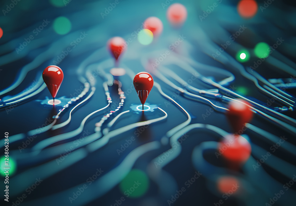 Aufkleber connecting the dots: a mesmerizing abstract map with glowing red and green pinpoints strategically p