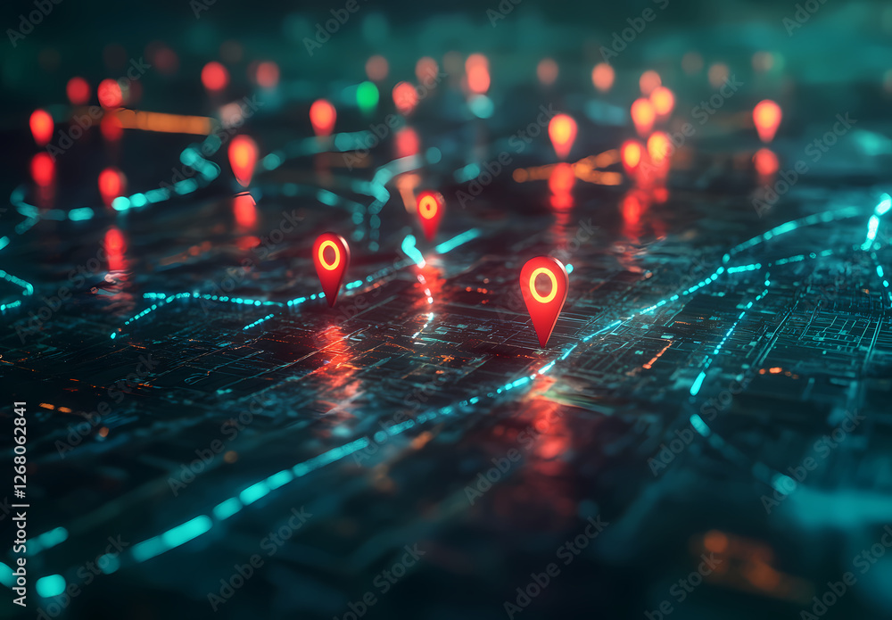 Poster global network: a vibrant, abstract visualization of a global network, with red location markers ill