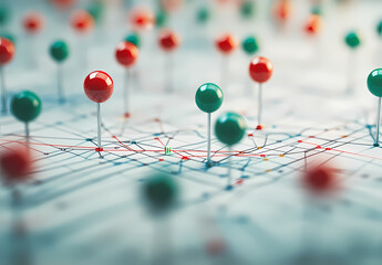 Mapping the Future: A detailed close-up shot reveals a network map dotted with red and green pins, symbolizing connections, locations, and strategic planning.