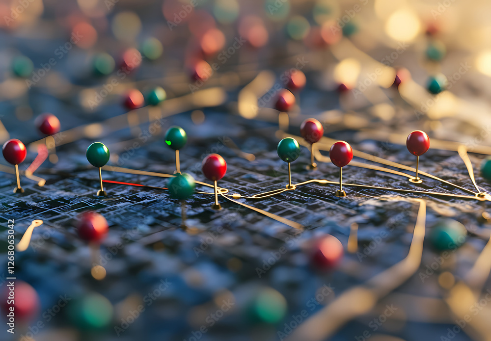 Poster interconnectedness: a macro shot of colorful pins and string, symbolizing connections, networks, and