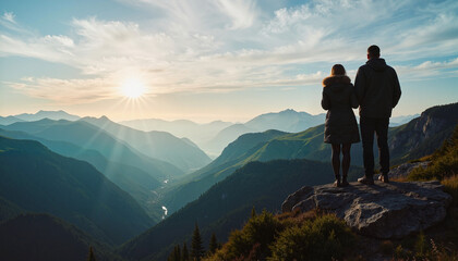 Obraz premium Couple enjoying sunset at mountain cliff, love and adventure