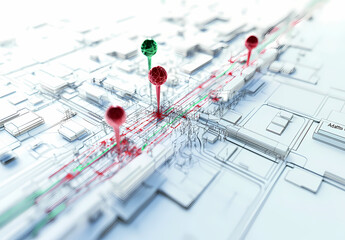 Navigating the Network: An abstract representation of interconnectedness and data flow, where red and green pins mark key nodes on a complex network map.