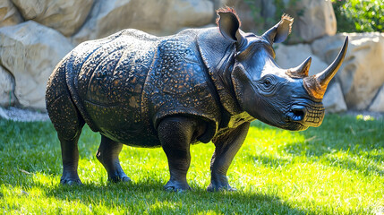 Fototapeta premium Indian rhinoceros standing in sunny zoo enclosure, rocky background, wildlife conservation