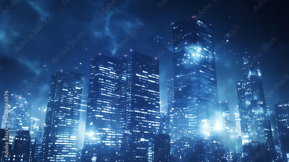 Poster night cityscape with futuristic glowing skyscrapers, symbolizing a tech-driven world and digital urb