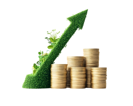Increasing stacks of golden coins with a smooth upward green arrow, representing financial success and growth with an environmentally positive connotation.