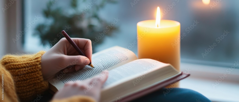 Poster reading and annotating a book by candlelight.