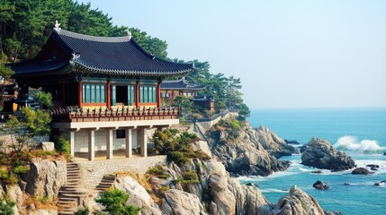 Fototapeta premium Coastal Korean Temple Perched on Dramatic Cliffs