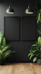 Elegant black wall with two empty frames surrounded by lush greenery and warm wooden flooring, perfect for minimalist interior decor.