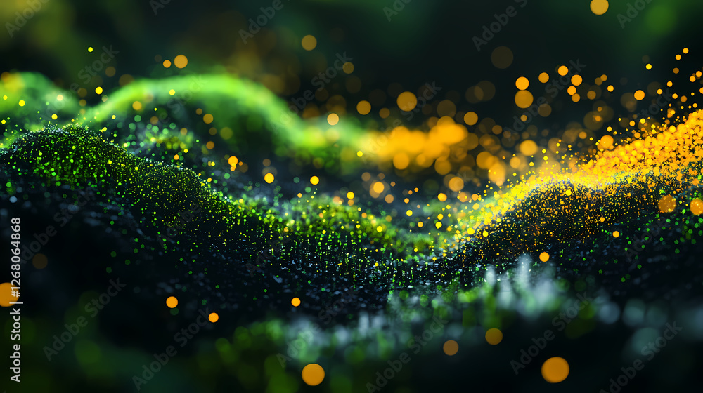 Poster golden moss abstract: a mesmerizing abstract image of vibrant green moss with golden particles float