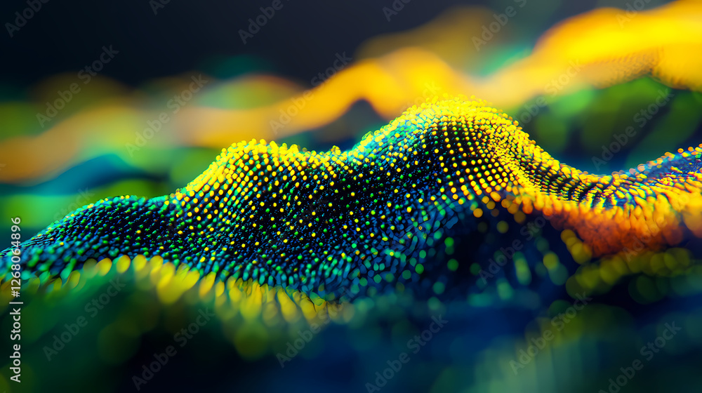 Poster abstract data visualization: a mesmerizing digital landscape rendered in vibrant hues of green, blue